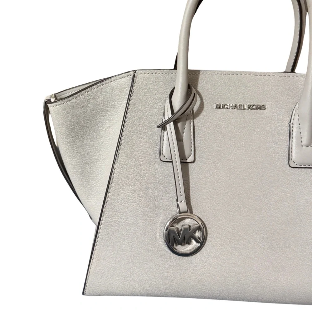 Michael Kors Avril Medium Satchel Cement Grey Pebbled Leather Handbag - Picture 4 of 10